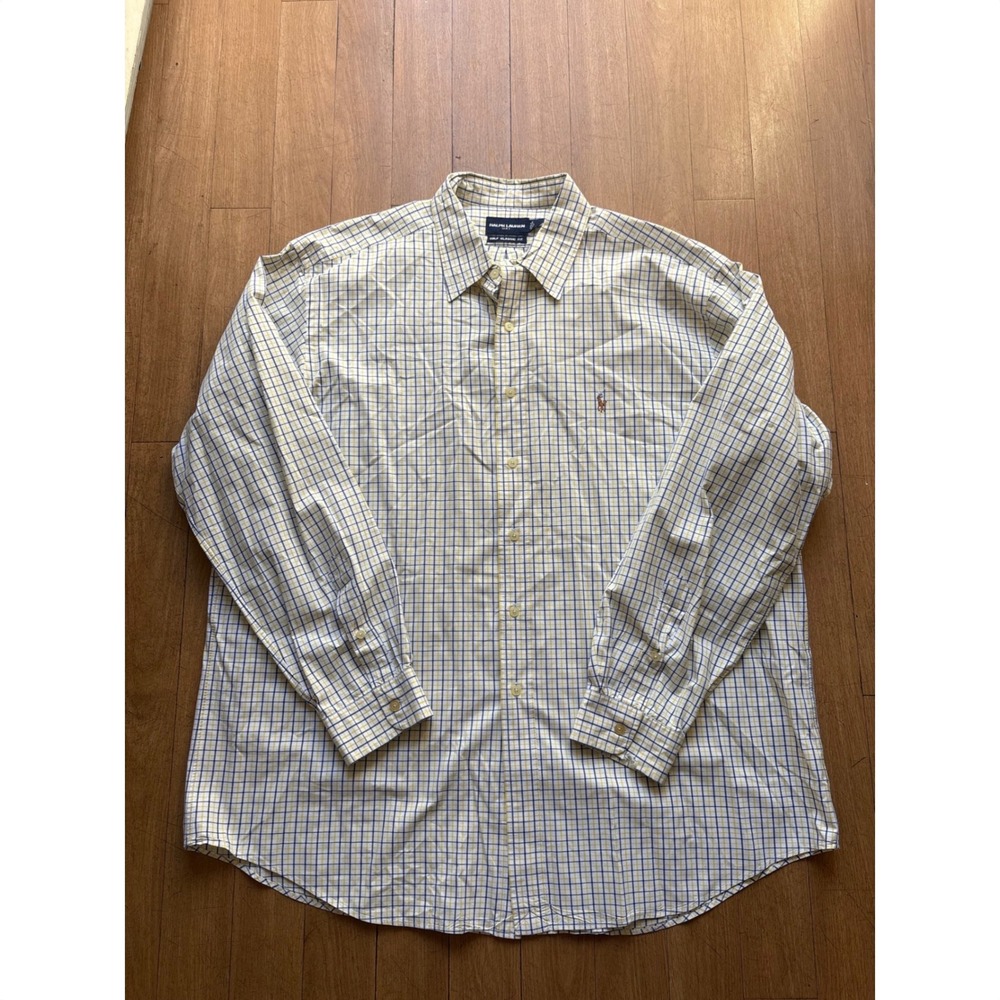 Ralph Lauren Golf Shirt Mens XXL Yellow Blue Tattersall Check Classic Fit Cotton
